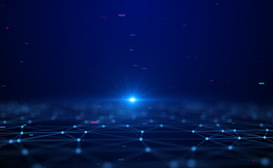 Abstract visualization of a digital network with glowing nodes and connecting lines forming a wave pattern on a dark futuristic background.