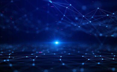 Abstract visualization of a digital network with glowing nodes and connecting lines forming a wave pattern on a dark futuristic background.