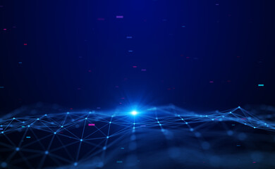 Abstract visualization of a digital network with glowing nodes and connecting lines forming a wave pattern on a dark futuristic background.