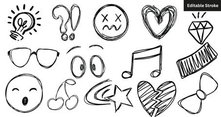 Set of various hand drawn doodle icons. Vector sketch collection of lightbulb, heart, diamond, and emoji elements. Editable stroke.