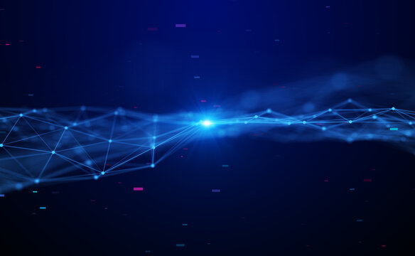 Abstract visualization of a digital network with glowing nodes and connecting lines forming a wave pattern on a dark futuristic background.