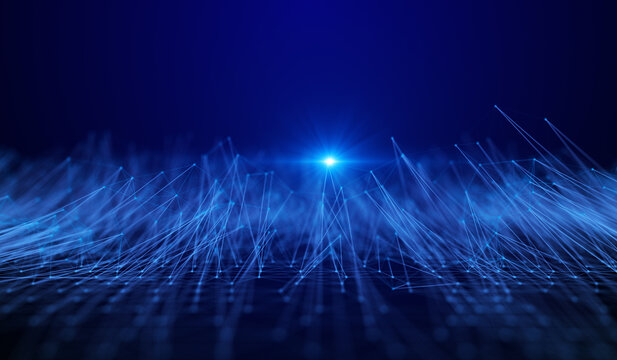 Abstract digital landscape with glowing blue connections and futuristic light.