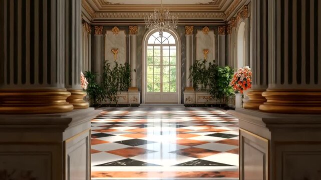 Opulent hall with checkered marble floor