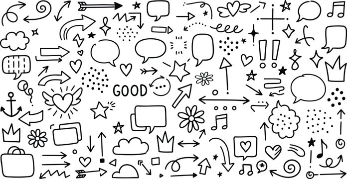 Hand-drawn doodle elements for creative projects and social media designs, seamless pattern of sketch arrows, speech bubbles, hearts and stars for digital art