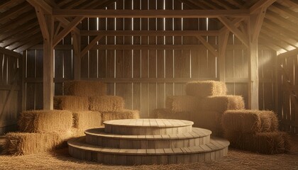 A rustic wooden stage is set within a sunlit barn, surrounded by bales of hay, creating a warm and inviting atmosphere.