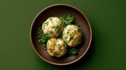 Three Delicious Dumplings With Herbs on Brown Plate Ready to Eat at Dinner
