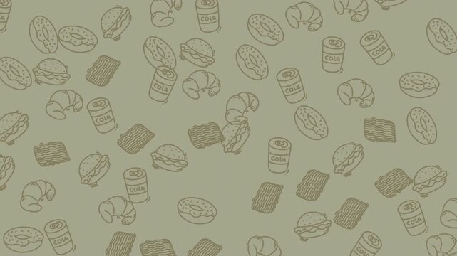 Seamless Pattern of Hand-Drawn Coffee Beans and Cups on a Muted Green Background.