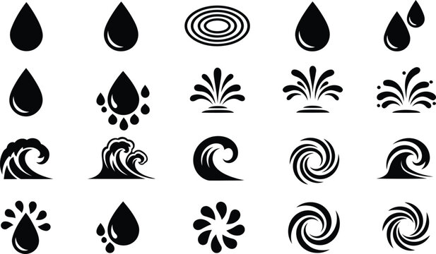 Fresh water drops and waves collection, set of vector elements for environmental design, nature concepts, spa, and wellness brand identity, black on white - Powered by Adobe