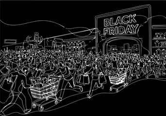 Continuous line drawing of a crowd of people rushing into a store on Black Friday for shopping deals