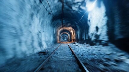 Perspective view of a narrow underground tunnel with rusty train tracks - Powered by Adobe