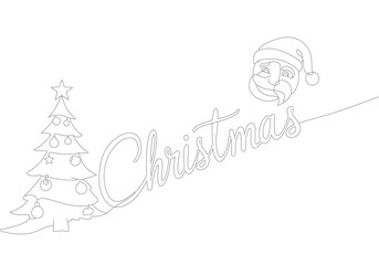Festive continuous single line drawing of a Christmas tree, Santa Claus head and text