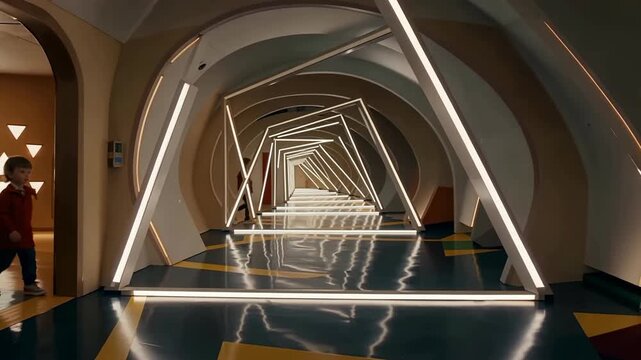Person walking through modern architectural hallway