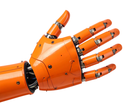 A detailed view of an orange robotic hand isolated against a black background, showing intricate joints and mechanics
