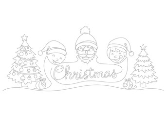 Whimsical Christmas Celebration Continuous Line Drawing Featuring Santa and Festive Trees