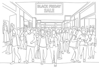 Continuous line drawing of a crowded shopping mall during a Black Friday sale event