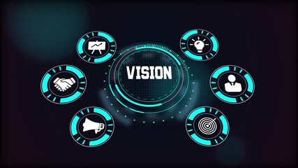 Vision word displayed on a holographic business screen, surrounded by strategy, goal, and idea icons.
