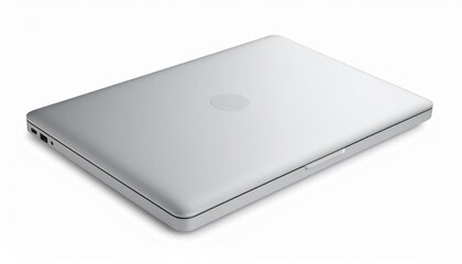 Open silver laptop with black keyboard and thin bezel screen, angled view on white surface.