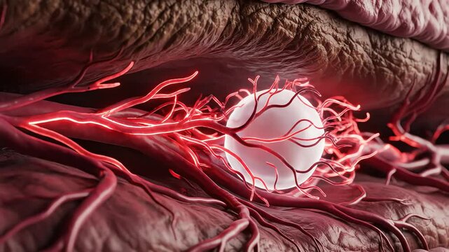 Implantation begins as the blastocyst attaches to the uterine lining, tiny tendrils glowing red as they connect with maternal blood vessels