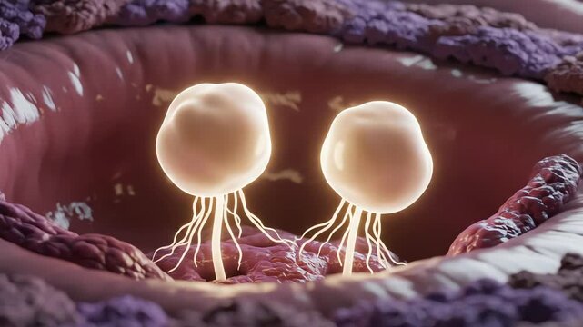Two blastocysts implant in the uterine wall, their glowing tendrils anchoring side by side like roots in fertile soil