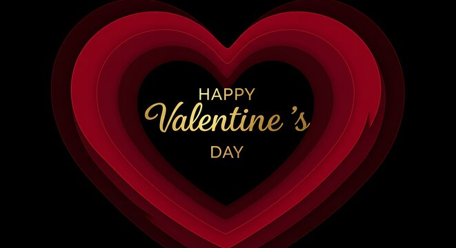 Deep red heart shape, layered design with 'Happy Valentine's Day' gold text on black