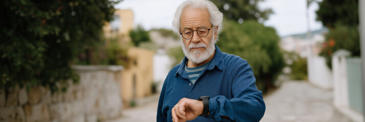 An elderly man checking his smartwatch while standing outdoors, reflecting the intersection of technology and aging, showcasing style and practicality in everyday life.