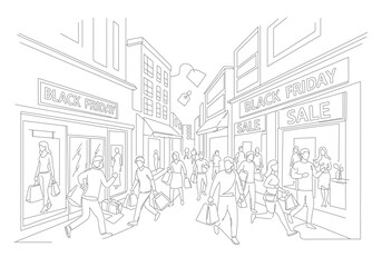 Energetic continuous line drawing depicting a crowded shopping street during a promotional sale