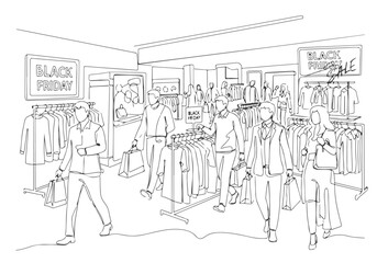 Discover a bustling shopping mall filled with customers and sales, a flowing continuous line drawing concept