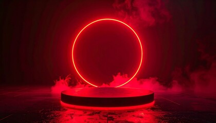 Dark futuristic platform with red neon rings and square frame, surrounded by mist and reflections.