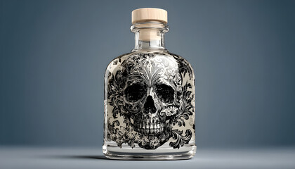 A bottle of liquor featuring a skull design