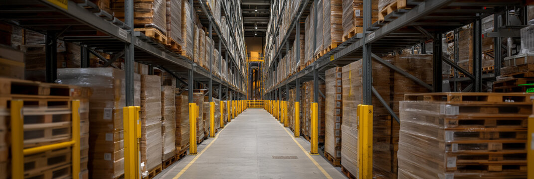 A spacious and orderly warehouse with neatly stacked pallets and organized storage, showcasing efficiency and order in a modern logistical environment.