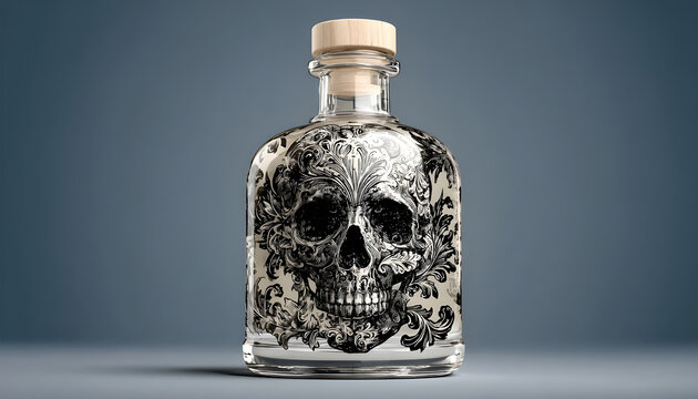 A bottle of liquor featuring a skull design