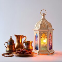 The image features a serene and traditional Islamic-themed setup against a plain light background. 