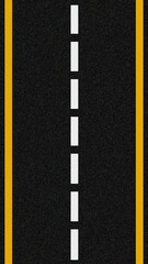 Top view of a straight asphalt road with yellow borders and dashed white center lines, ideal for transport, traffic, and highway background concepts.