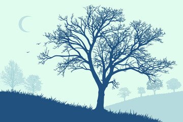 Hiker/Person Walking on Hill with Tree Silhouette Vector - Blue Duotone Graphic