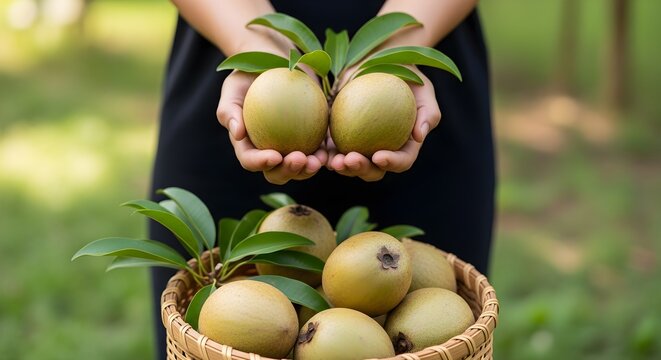 Hands holding two freshly picked sapodilla fruits with green leaves above a basket full of ripe sapodillas, set in a green orchard, representing organic farming, tropical fruit, and natural abundance.