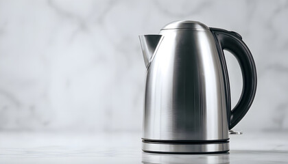 A stainless steel electric kettle placed on a clean white surface