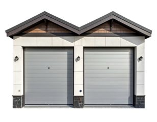 A double garage with gray doors and peaked roof, in sunlight, against a black background