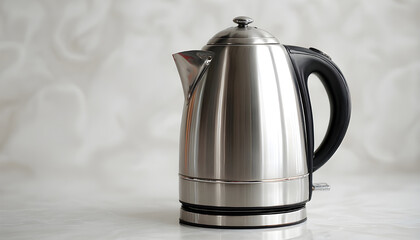 A stainless steel electric kettle placed on a clean white surface