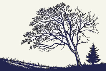 Windswept Bare Tree and Pine Silhouette Vector - Engraving Style