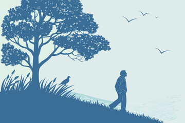 Large Tree and Grazing Animal Silhouette Vector - Blue Duotone Graphic