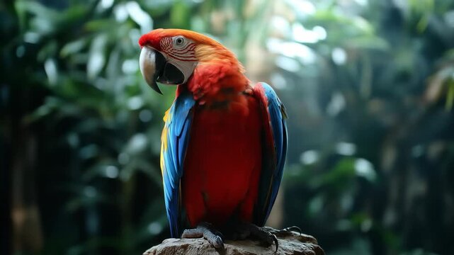 Colorful parrot perched on rock with jungle foliage in the background
