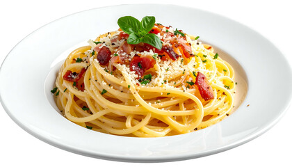 A plate of spaghetti carbonara with bacon, cheese, and basil garnish, close-up shot