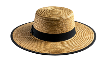 A straw hat with a black band and brim, isolated on a black background