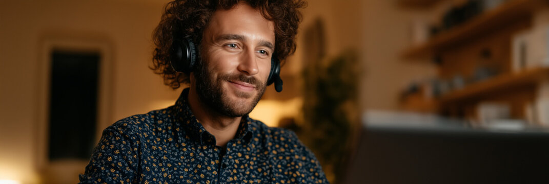 An inviting image of a cheerful young man wearing a headset, engaged in a video call in a cozy home office, reflecting modern communication and remote work culture.