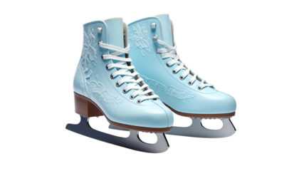 Pair of light blue ice skates with white laces and floral detailing, blades visible