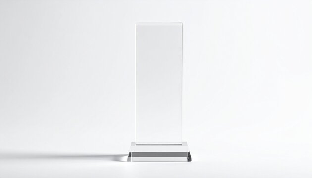 Clear rectangular glass award on small base, upright on white background, minimalist and elegant design for recognition or achievement.