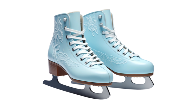 Pair of light blue ice skates with white laces and floral detailing, blades visible