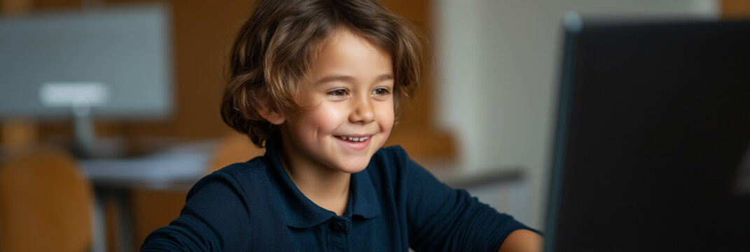A young boy beams while interacting with a computer screen, showcasing joy and curiosity in a friendly learning environment filled with sunlight. - Powered by Adobe