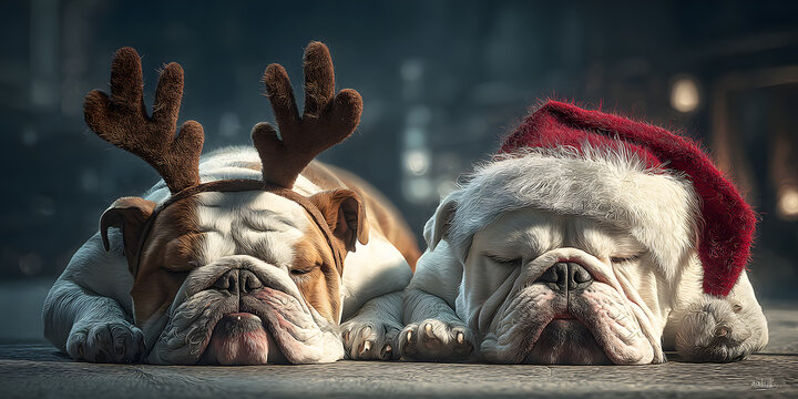 Adorable bulldogs napping in festive holiday gear, reindeer antlers and Santa hat, sleepy Christmas vibes for pet lovers, heartwarming seasonal scene