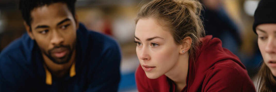 A small group of diverse individuals collaborates intensely on a project, showcasing teamwork and focus amidst a dynamic and engaging work environment.